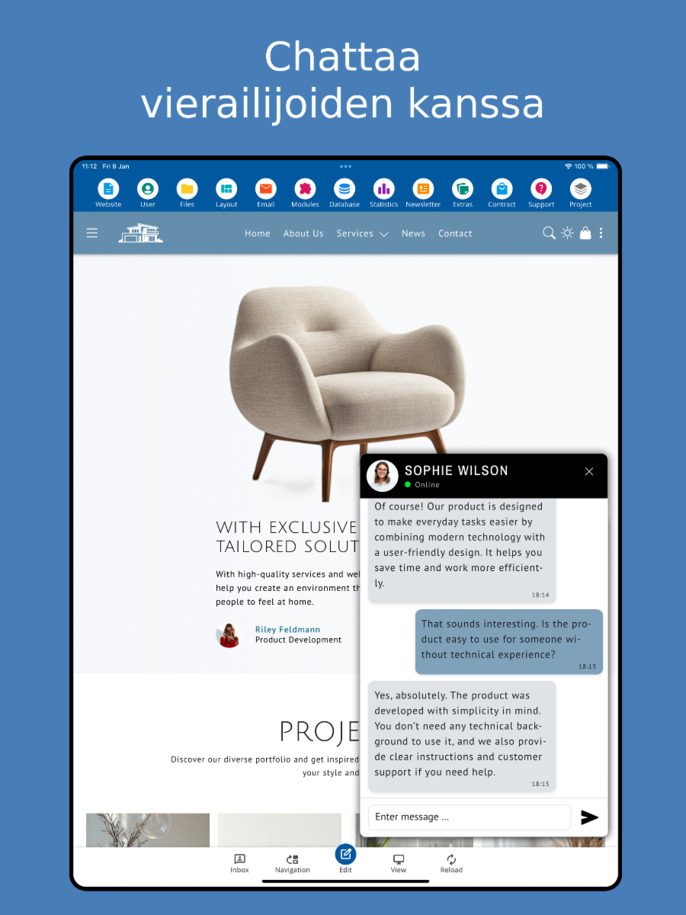 Chattaile kävijöiden kanssa Website Builder App -sovelluksessa – tabletinäkymä.