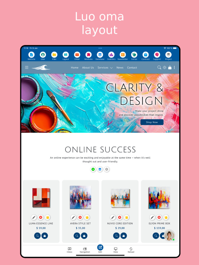 Layout-editori Website Builder App -sovelluksessa – tabletinäkymä.
