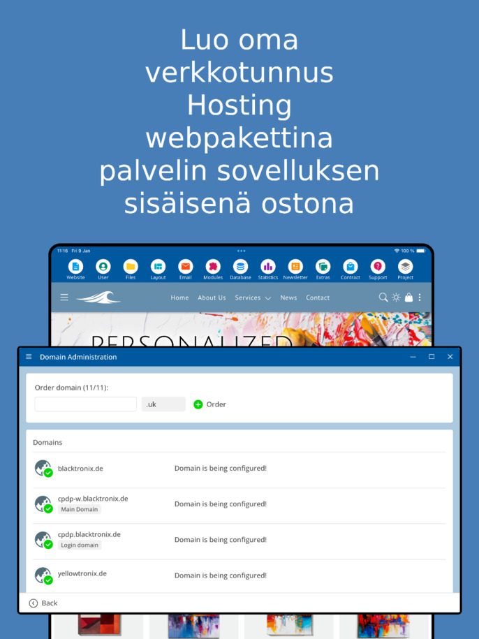 Verkkotunnuksen hallinta sovelluksessa – tabletin näyttökuva.
