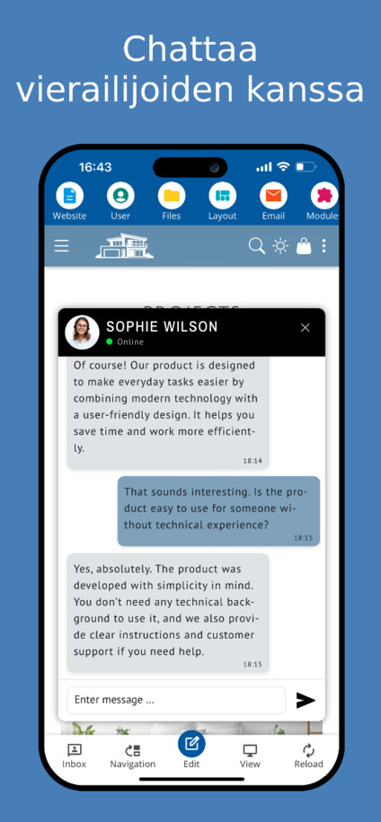 Live-chat verkkosivuston kävijöiden kanssa – mobiilinäkymä.