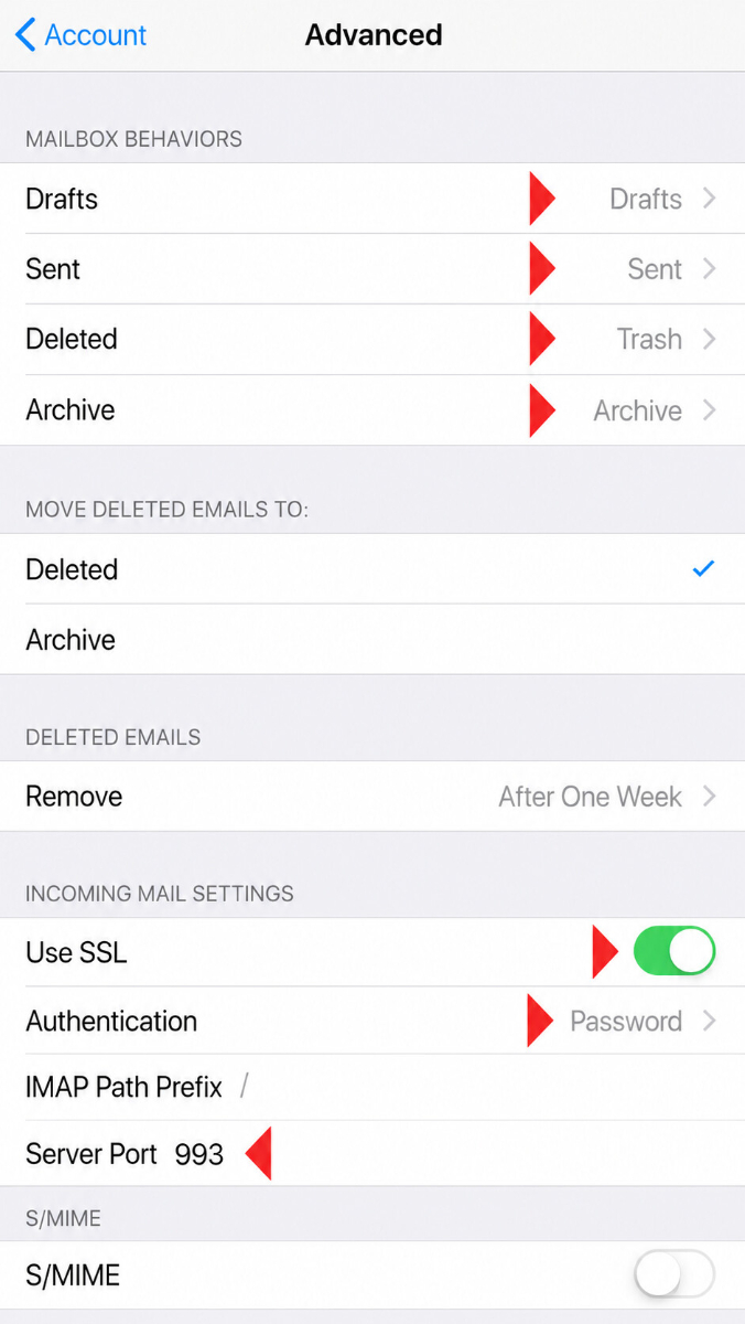 iPhone erweiterte IMAP-Einstellungen mit markiertem SSL-Schalter, Authentifizierung und Server-Port 993