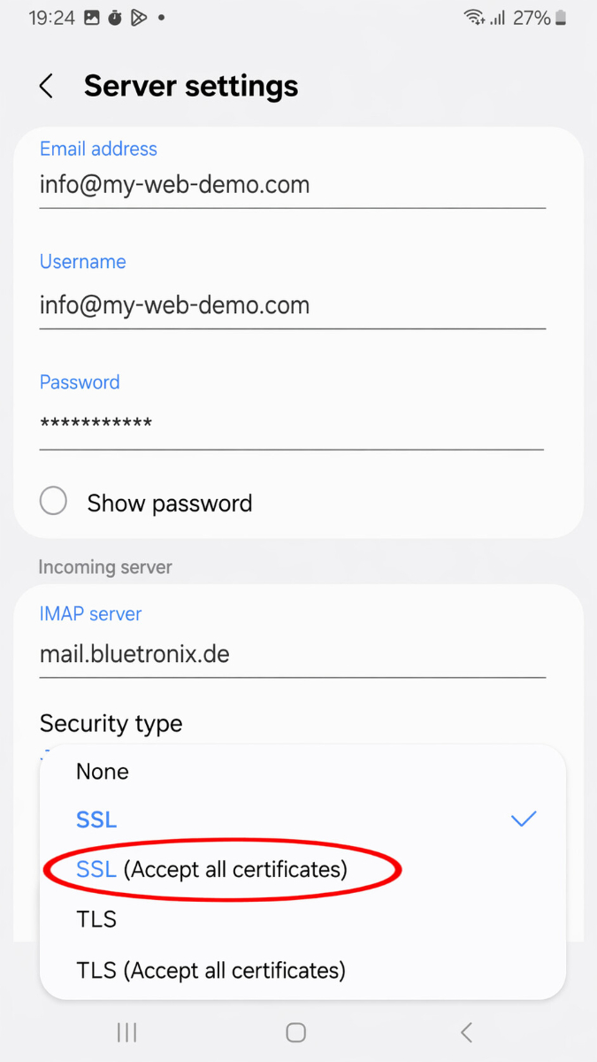 Auswahlliste der Sicherheitstypen bei Samsung E-Mail mit der Option SSL alle Zertifikate akzeptieren
