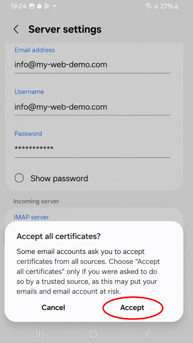 Sicherheitsabfrage der Samsung E-Mail App, die nach der Auswahl von SSL alle Zertifikate akzeptieren bestätigt werden muss