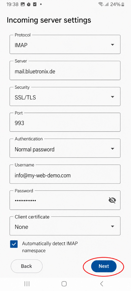 Manuelle Eingabe der IMAP-Daten in Thunderbird auf Android